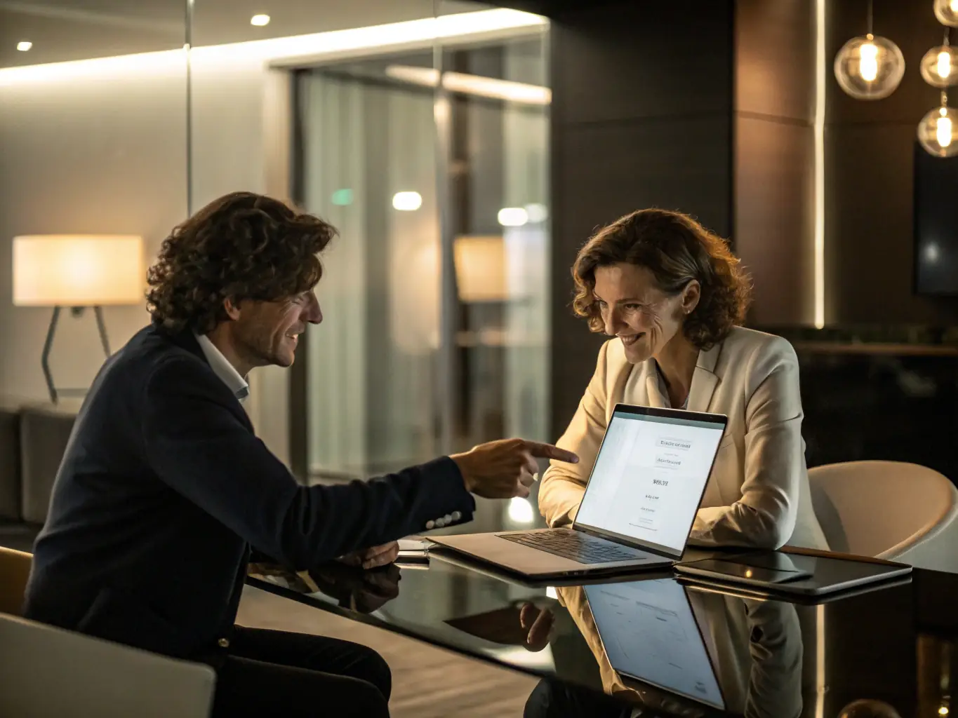 A consultant discussing automation strategies with a client in a modern office setting.