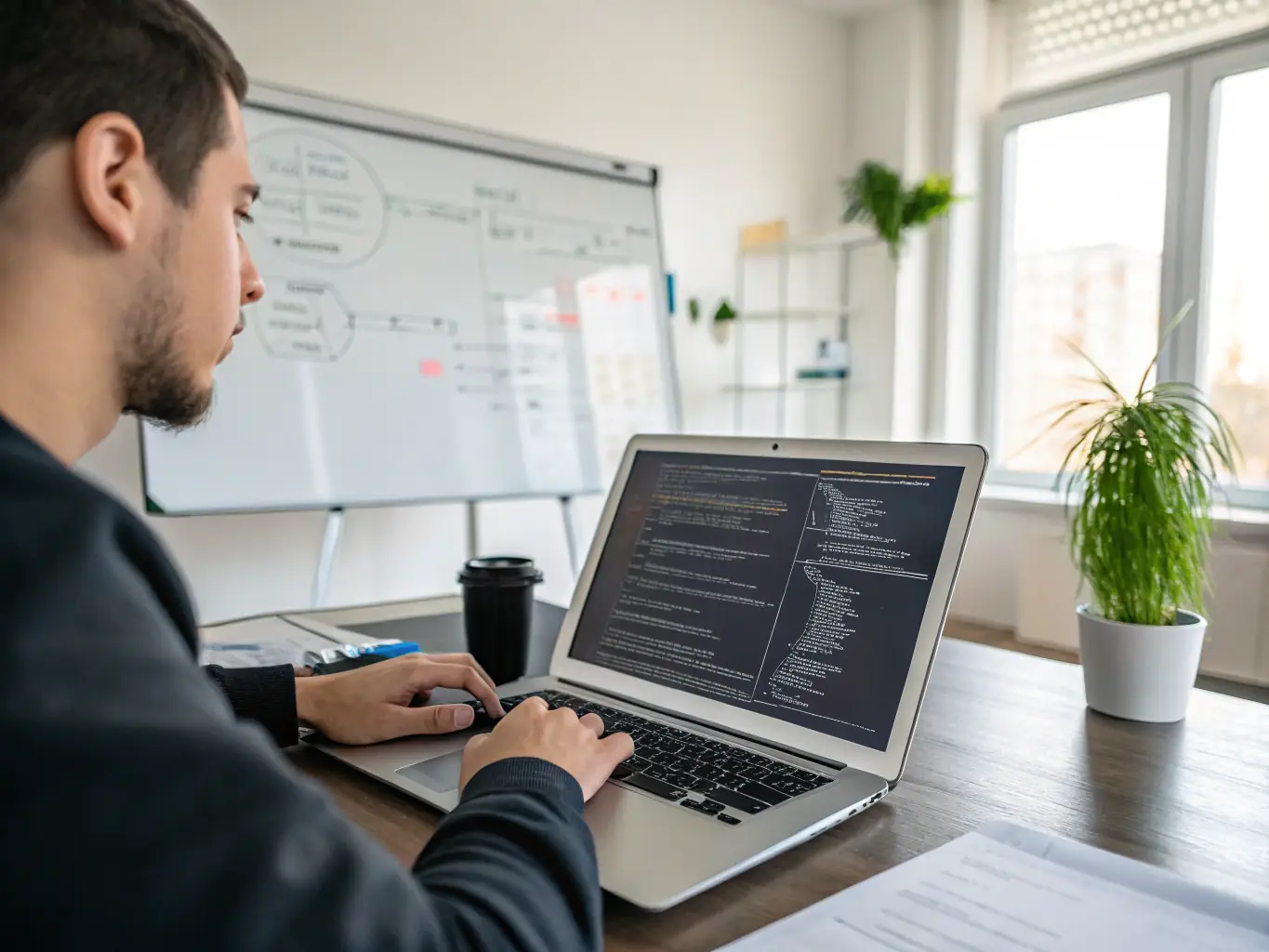 A developer working on n8n workflows on a computer, showcasing the technical implementation of WhatsApp automation.